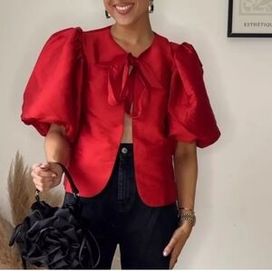 New H&M Holiday 2024 Red Balloon-Sleeved Blouse Top : 1243075004 SZ S L